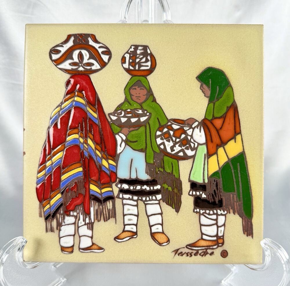 Rare Vtg Terssede Mexican Folk Art Tile Trivet Hand Painted Women Ceramic 8”x8”